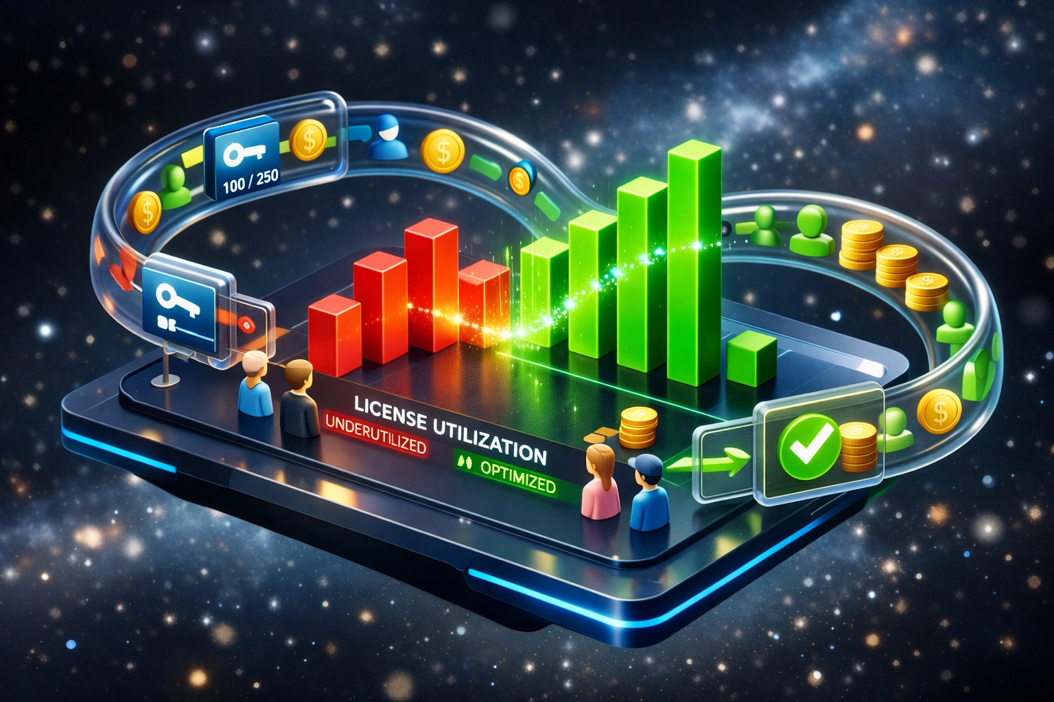 ServiceNow ITAM license optimization dashboard showing software utilization and cost savings metrics