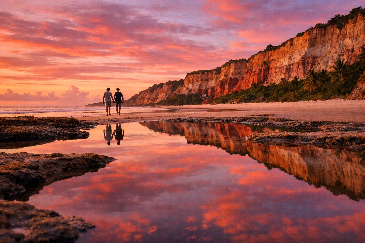 A gay couple walking hand-in-hand along the reflecting tide pools of Praia do Espelho at sunset in Trancoso, Brazil.