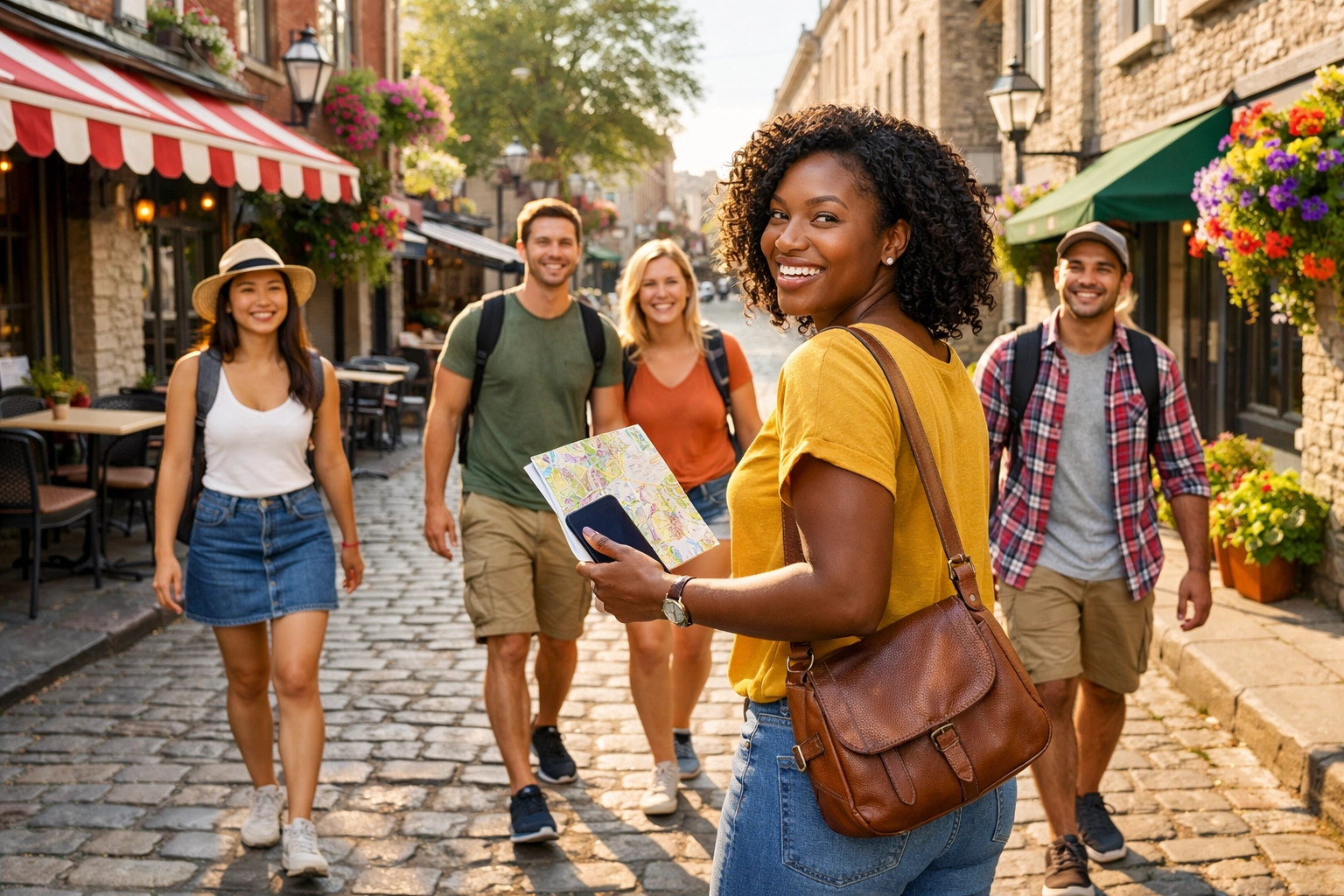 Confident group trip planner leading a diverse group through a historic district with a travel map.