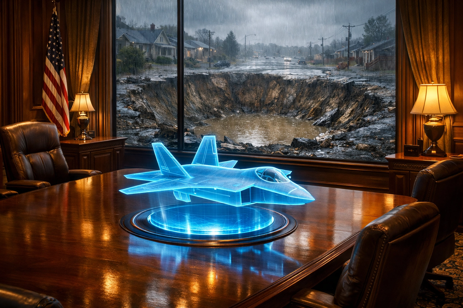 A luxury boardroom with a holographic fighter jet overlooking a crumbling, rain-slicked suburban road.