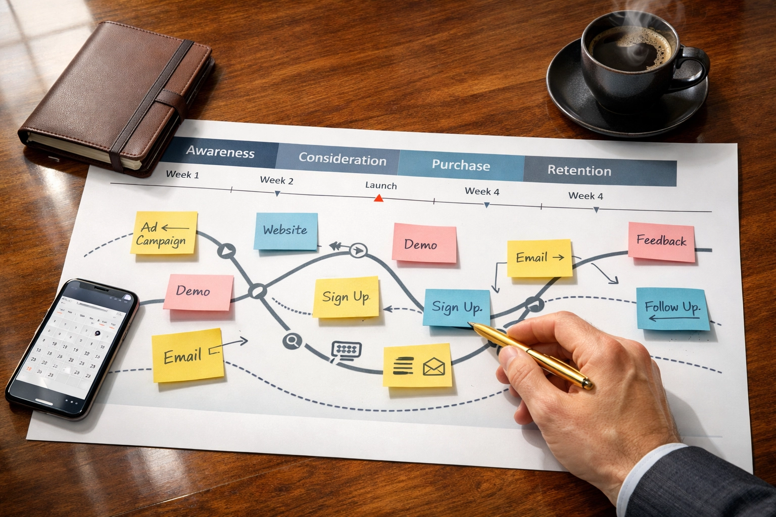 Executive mapping Super Bowl travel touchpoints with strategic planning materials on desk