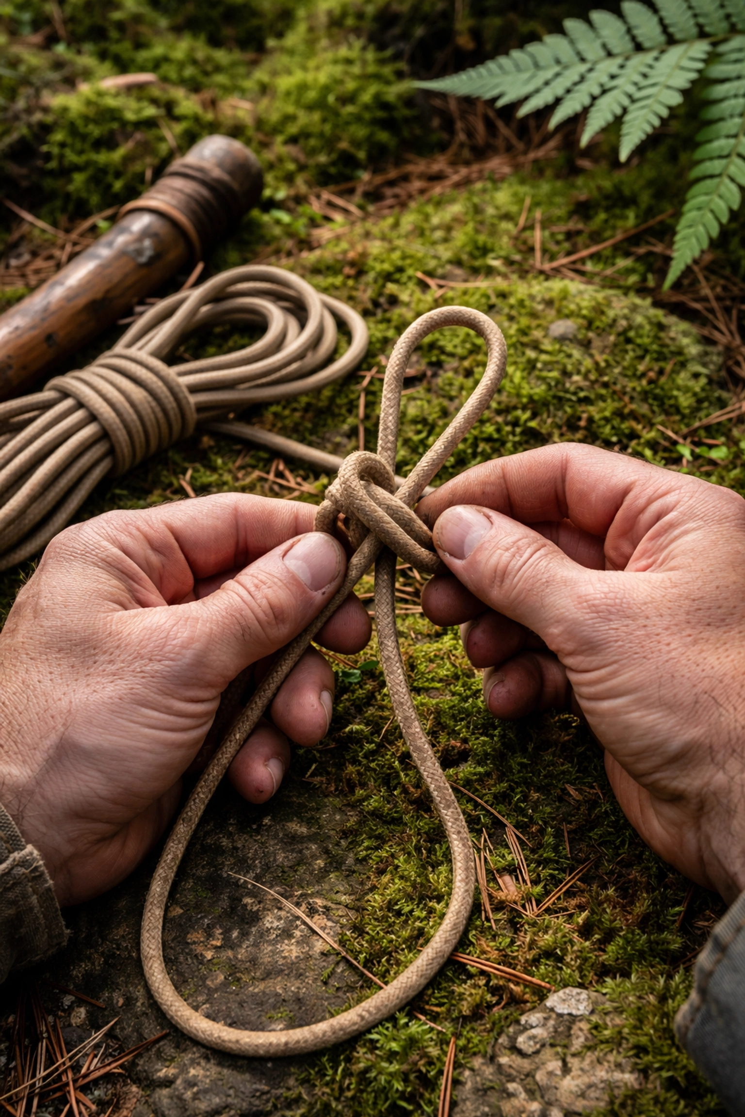 Tying a bowline knot with paracord on a forest floor, demonstrating essential rope skills for camping adventure