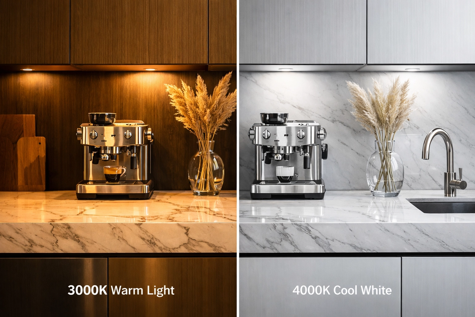 Comparison of 3000K warm white and 4000K neutral white under-cabinet LED lighting on a kitchen counter.