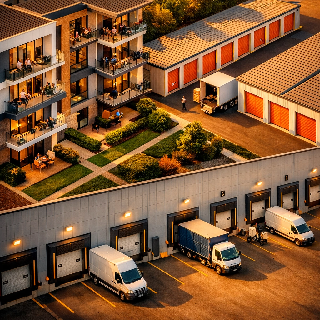 Aerial view of cash flow-generating real estate including apartments, self-storage, and industrial properties