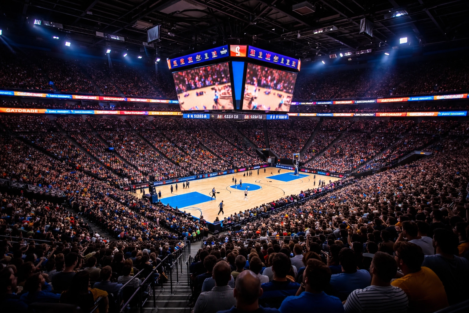 Crowded basketball arena with digital advertising displays and LED boards, showing advanced in-venue sports marketing