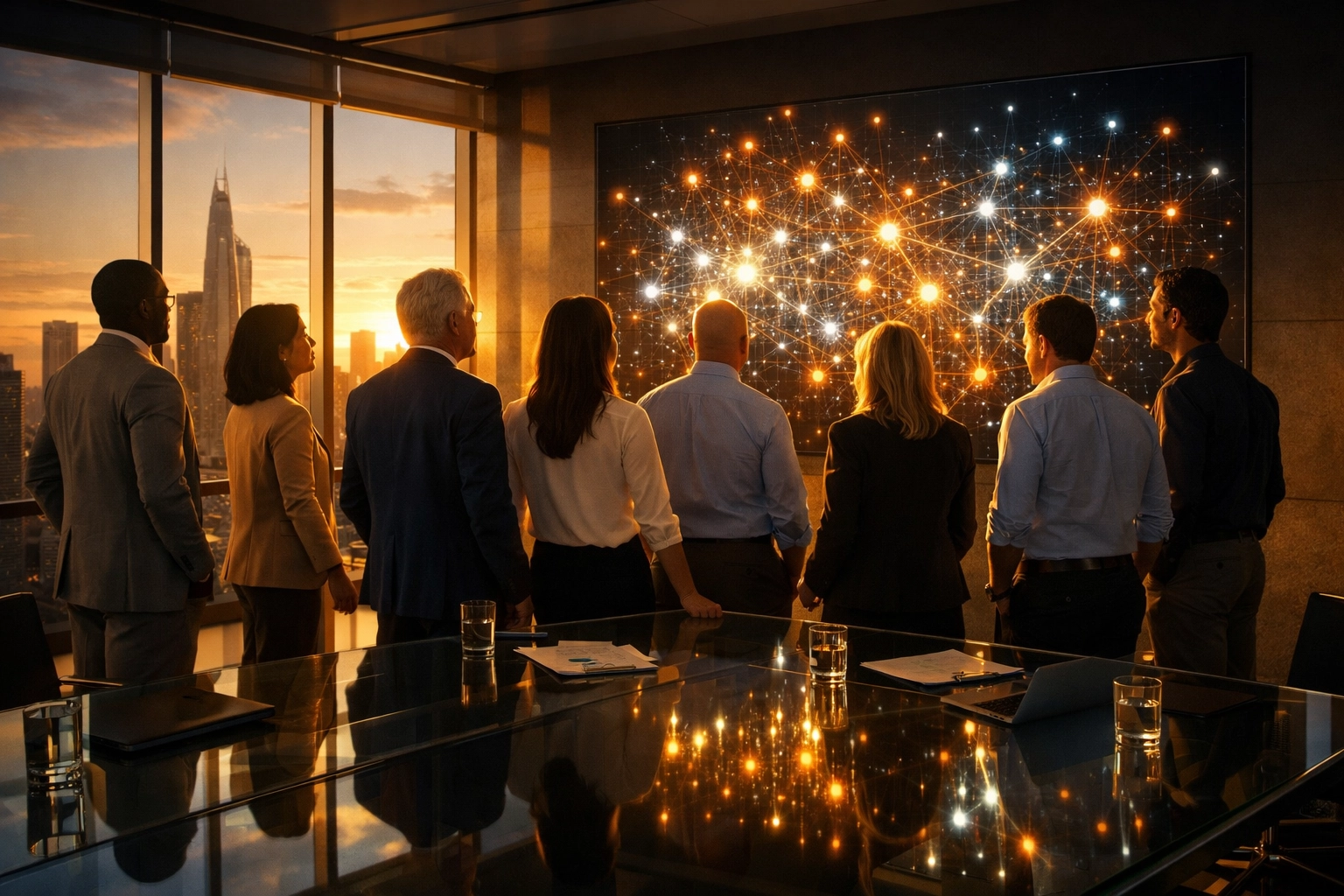 Executives in a boardroom analyzing data visualizations to improve organizational media literacy and digital ethics.