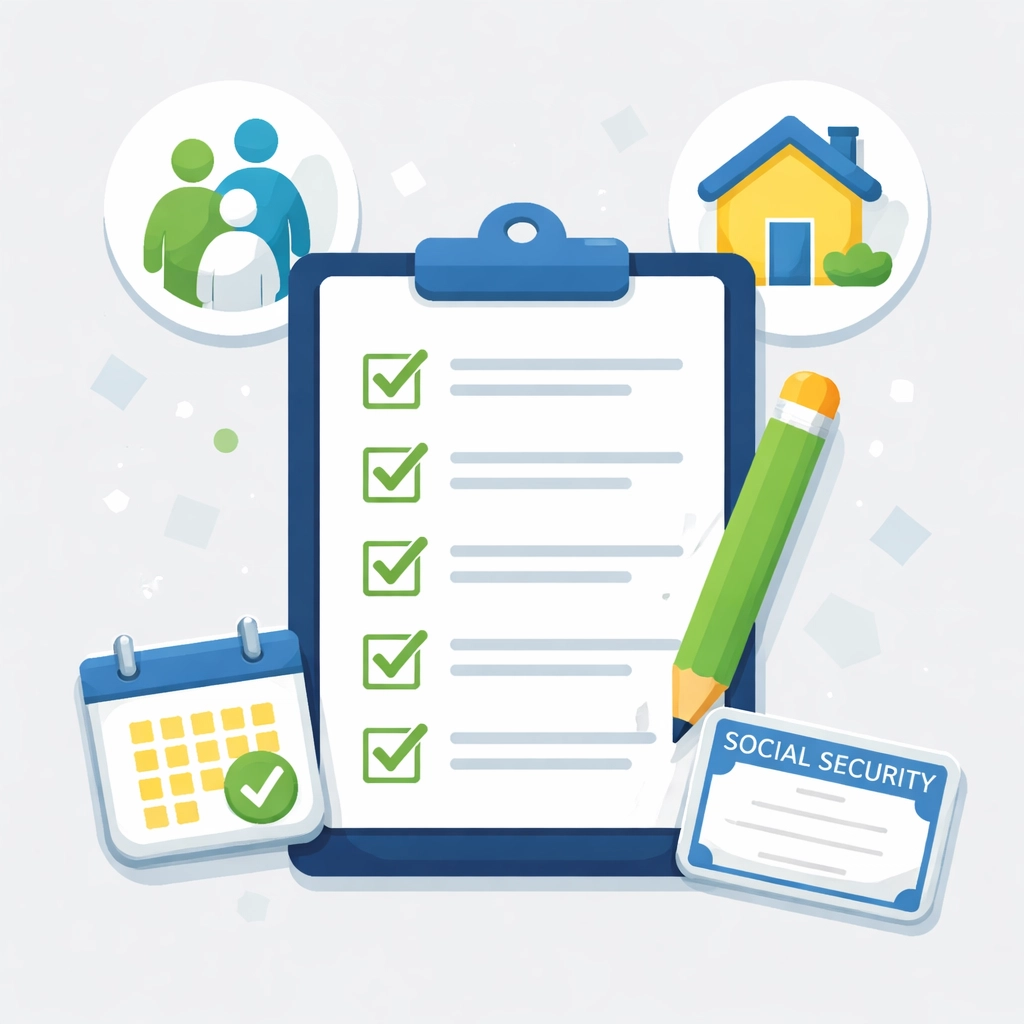 Checklist with family, house, calendar, and Social Security icon showcasing Child Tax Credit eligibility.