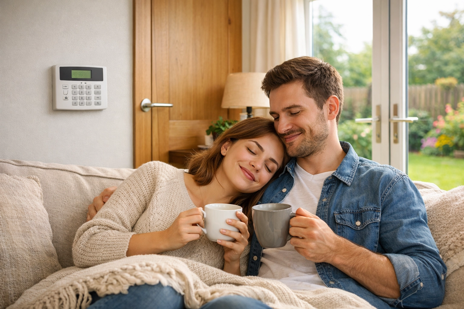 A discreet modern intruder alarm keypad installed in a comfortable Yeovil living room for peace of mind.