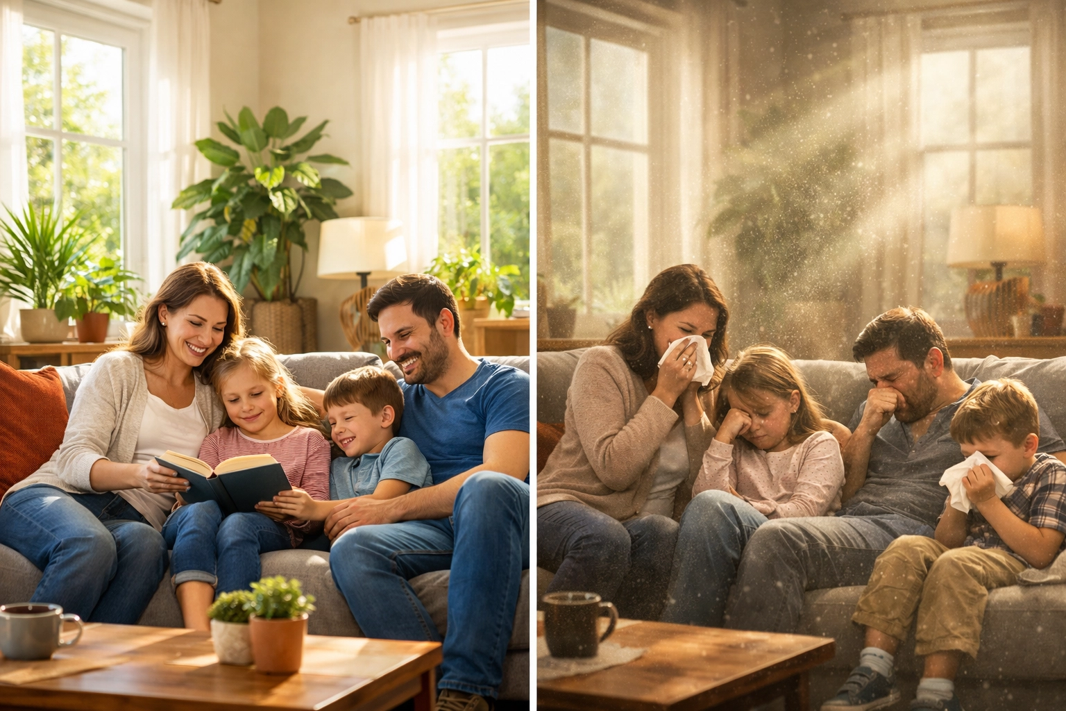 Clean vs. dirty indoor air quality comparison showing benefits of air duct cleaning