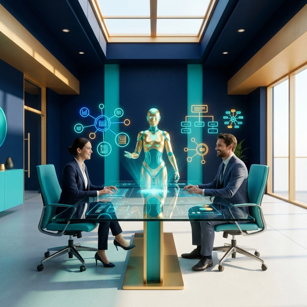 Leadership 2.0: Teammitglieder arbeiten im KI-Wandel gemeinsam mit einer holografischen Künstlichen Intelligenz.