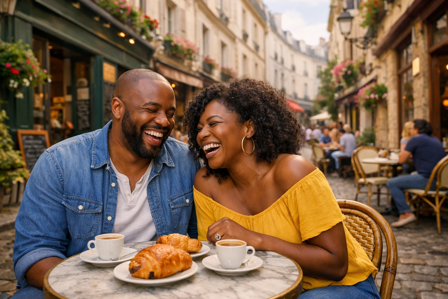 Happy couple enjoying a relaxed morning at a Parisian cafe during their custom travel adventure.