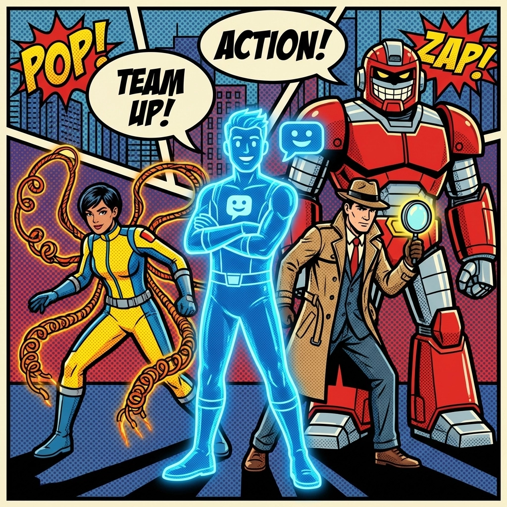Comparison of different AI business automation tools visualized as a superhero team of assistants.