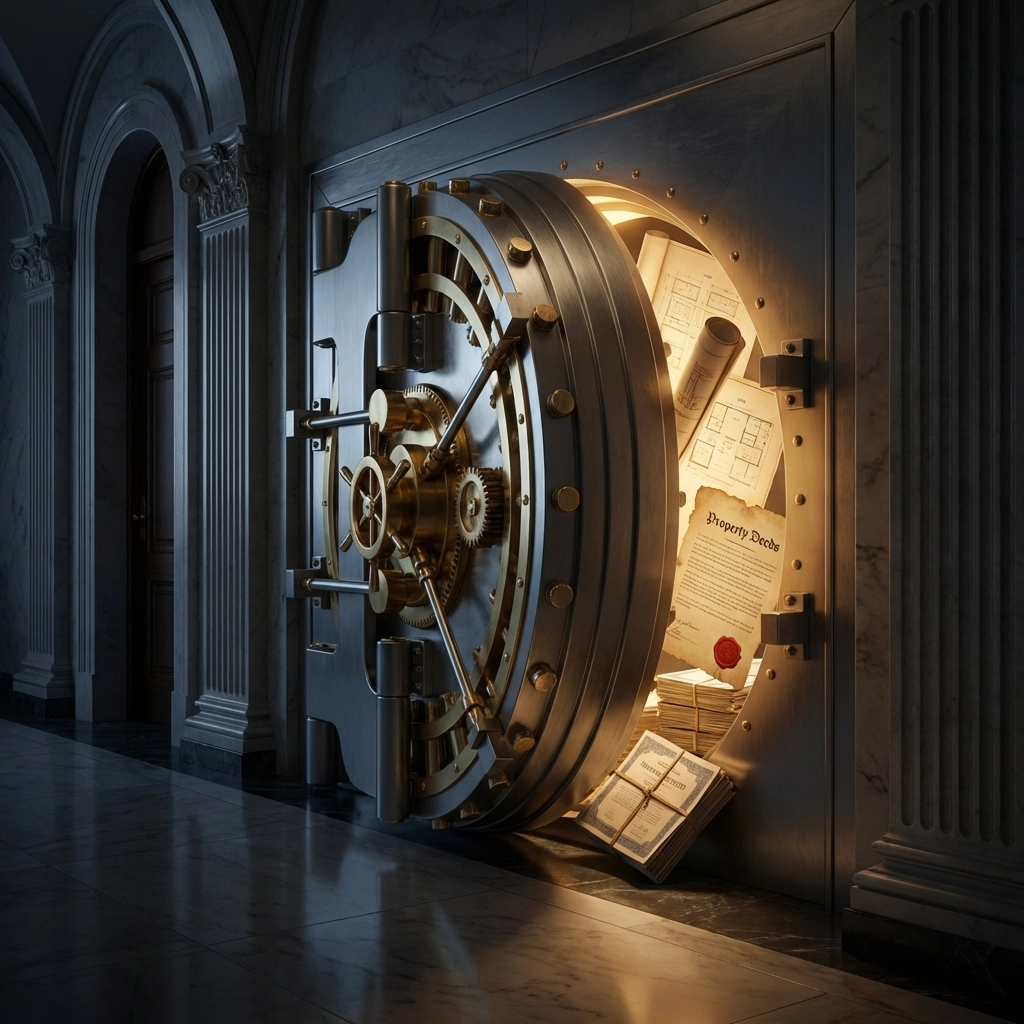 Open institutional vault door glowing with investment documents, representing access to exclusive alternative assets.