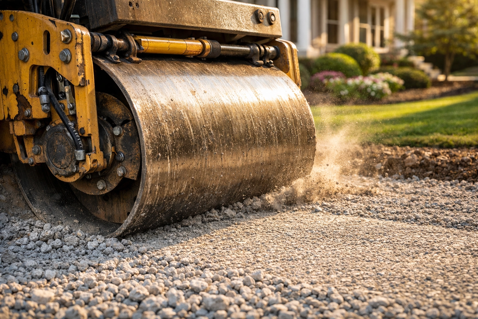 Industrial vibratory roller compacting 21AA crushed limestone for a durable gravel driveway.