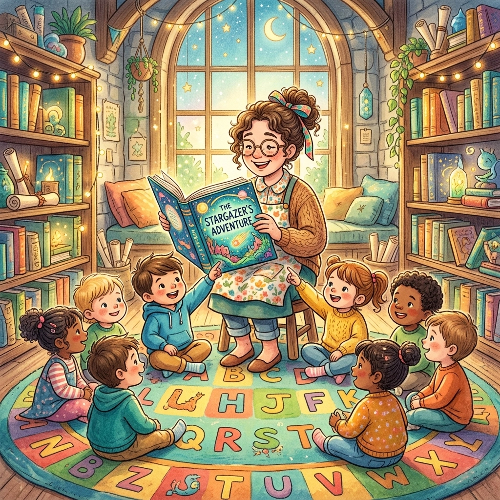 A friendly librarian reading a large picture book to a group of toddlers on a colorful rug.