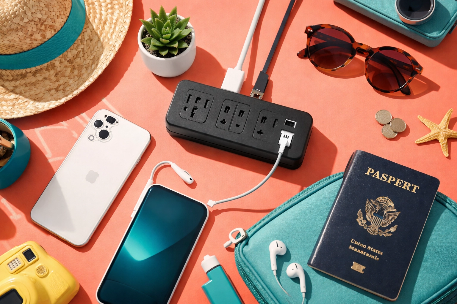 Travel power strip with USB ports surrounded by travel essentials, highlighting a top online deal for travelers.