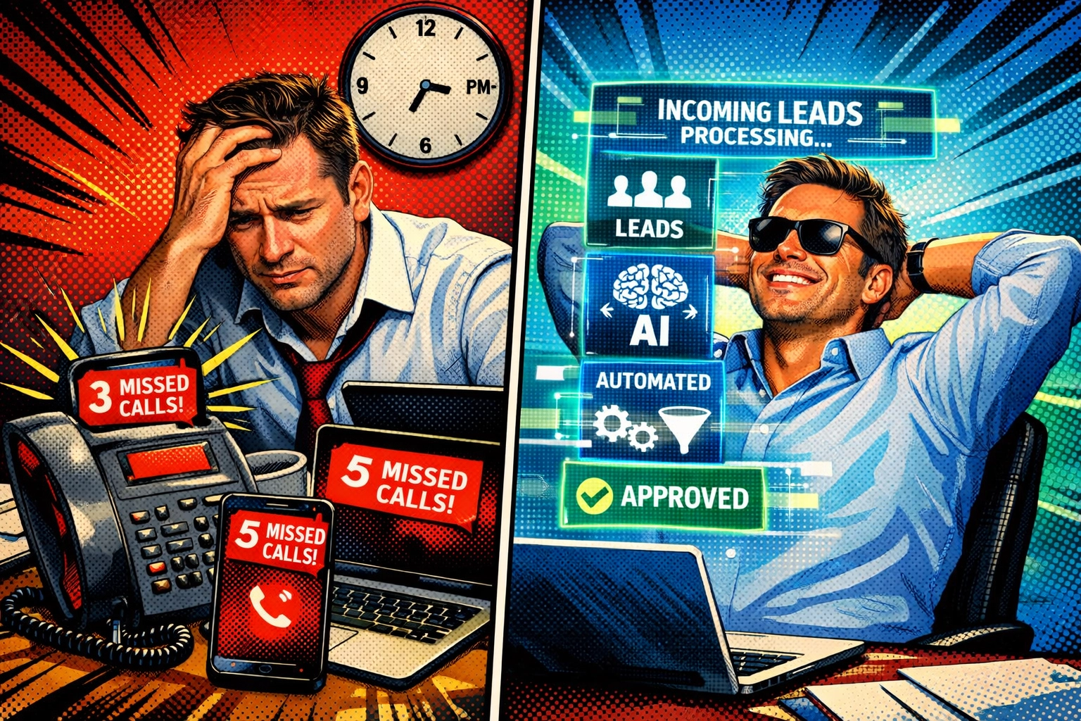 Business owner overwhelmed by missed calls versus automated lead response system handling inquiries