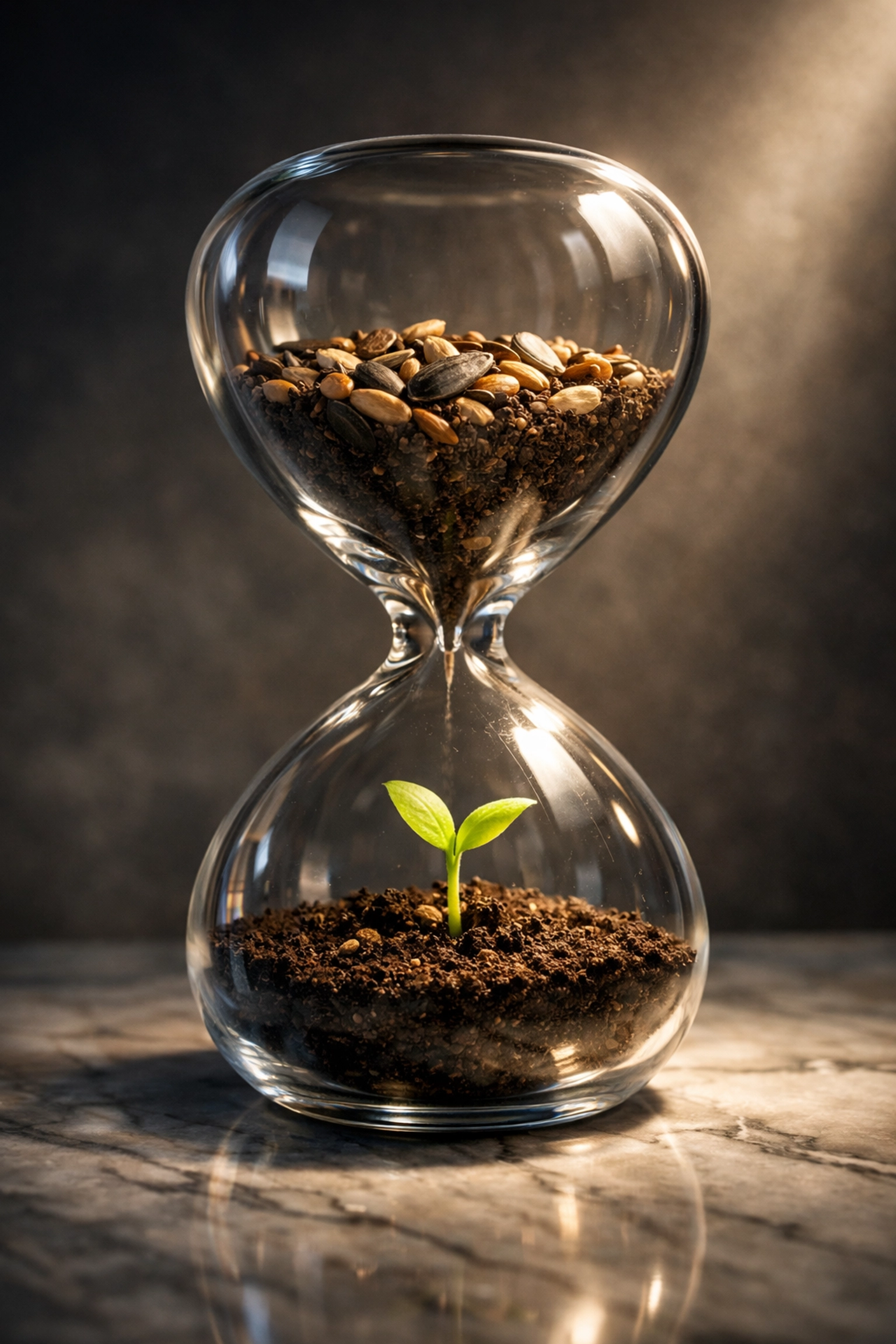 A sprout growing in an hourglass, representing the time needed to build habits with compassionate accountability.