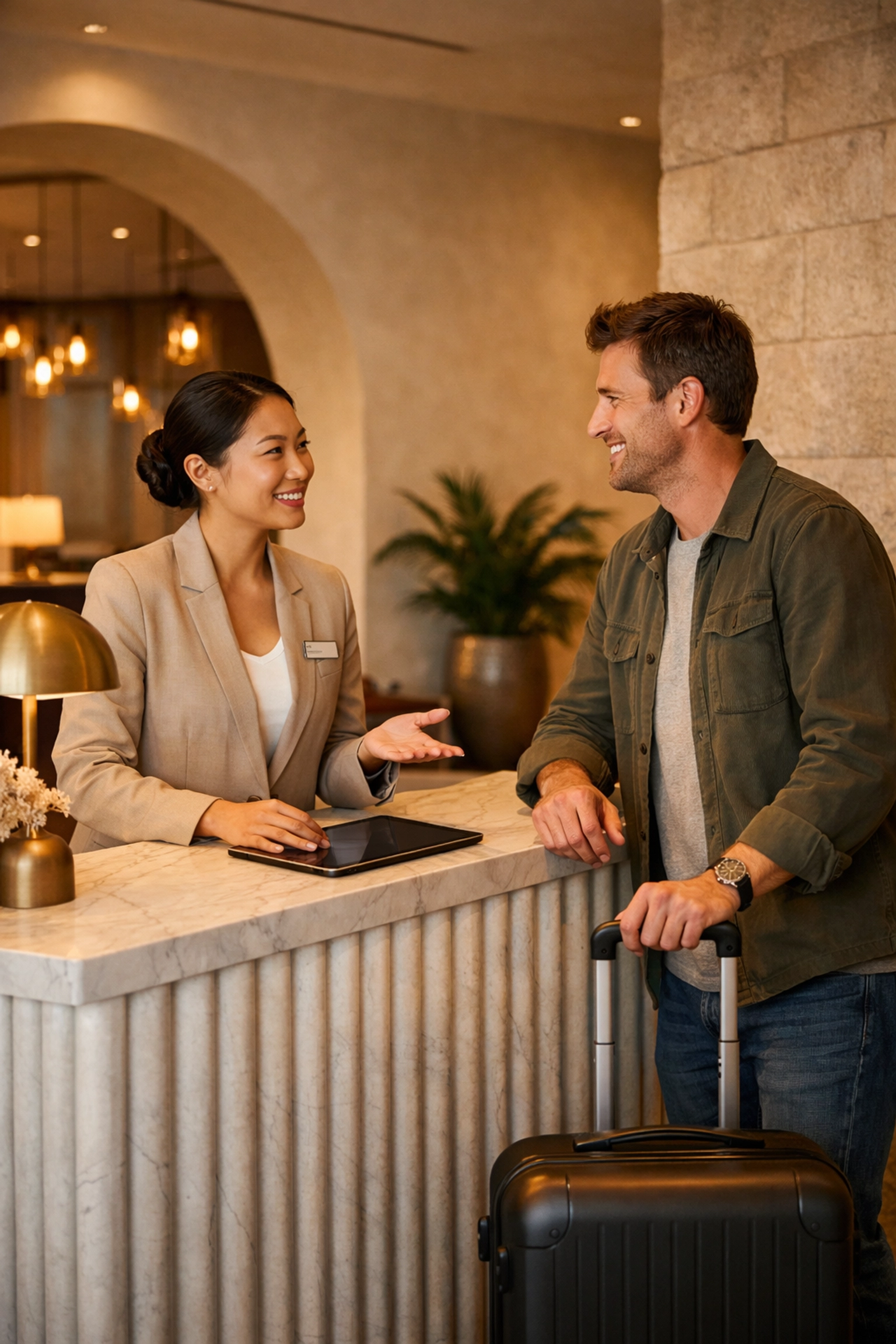 Hotel staff providing personalized hospitality in a lobby equipped with innovative hotel PMS technology.