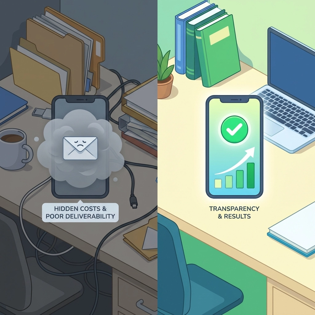 Split-screen comparing poor deliverability of free MMS tools to transparent platforms offering better marketing results.