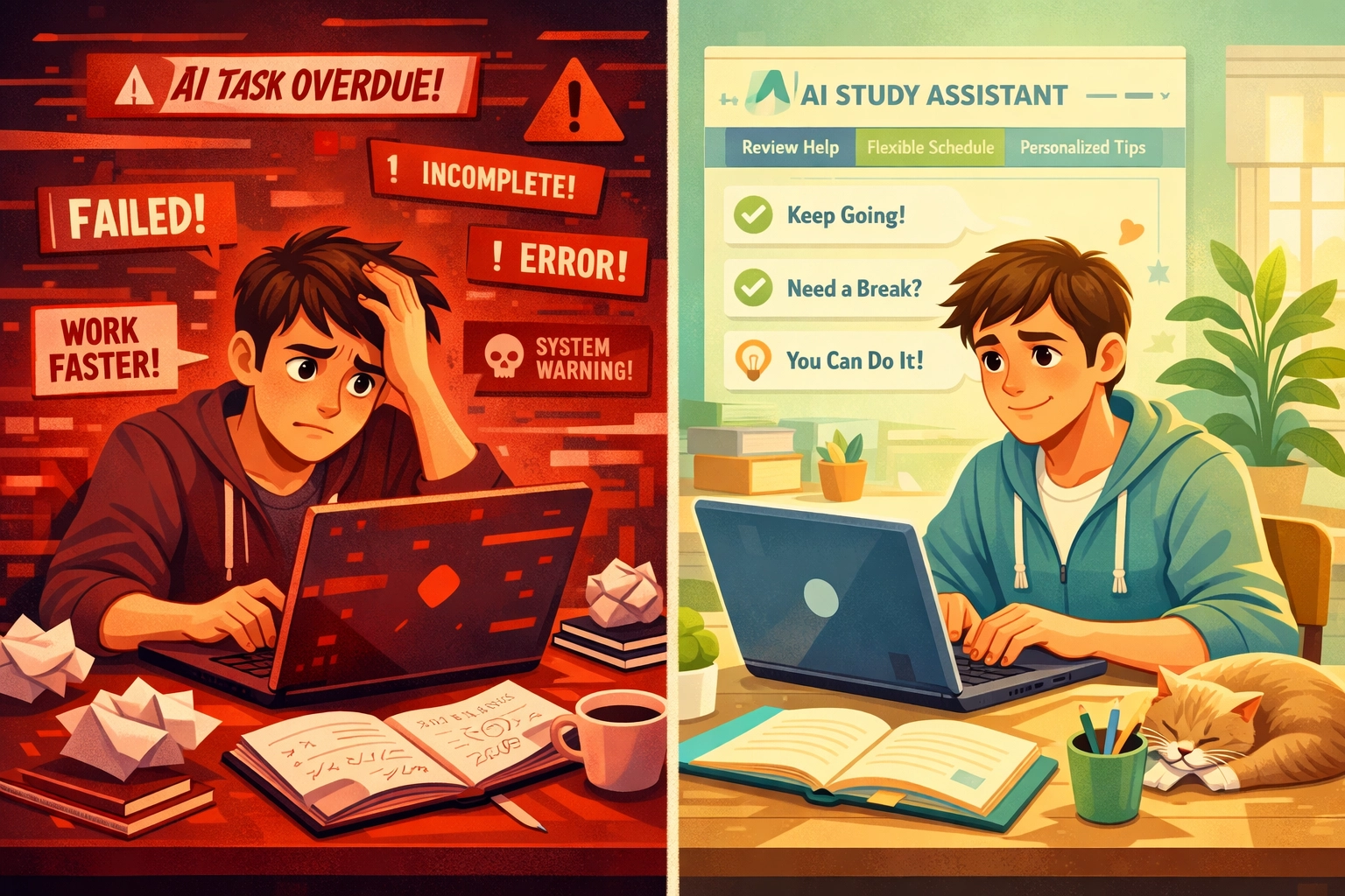 Split view showing student stressed by aggressive AI interface versus calm with neurodivergent-friendly design