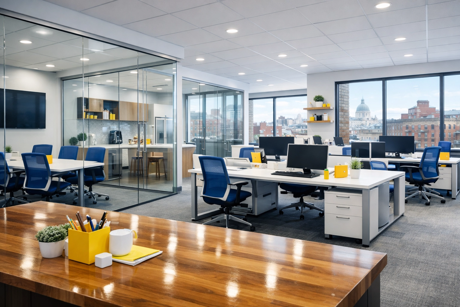 Sleek tech startup workspace after professional office cleaning Cambridge for a healthy work environment.