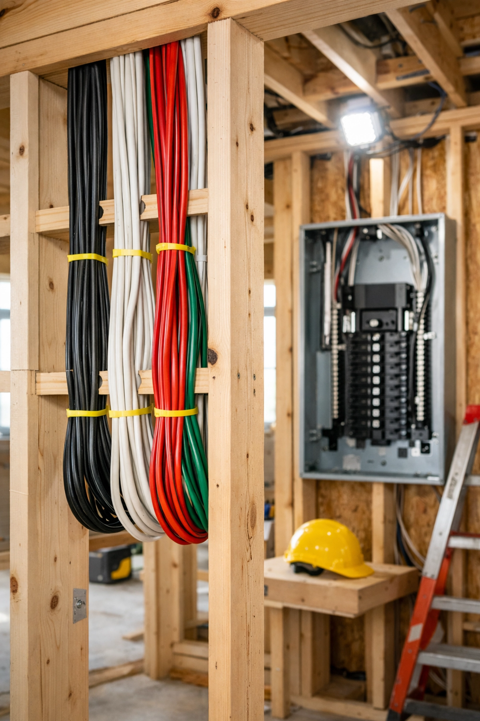 Electrical wiring installation in wall frames during new home construction in Edmonton