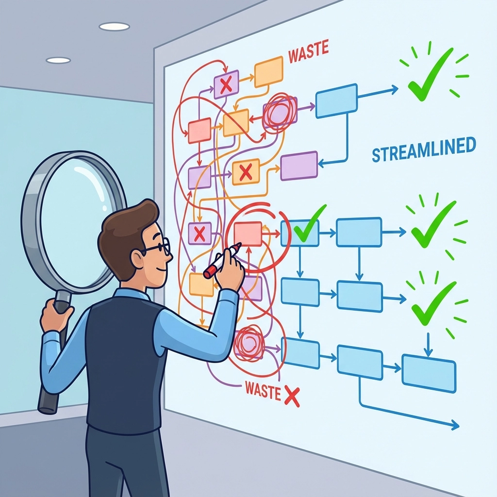 Cartoon illustration of an MSP manager with a magnifying glass examining workflow charts, identifying and highlighting wasteful processes in red while marking valuable processes in green