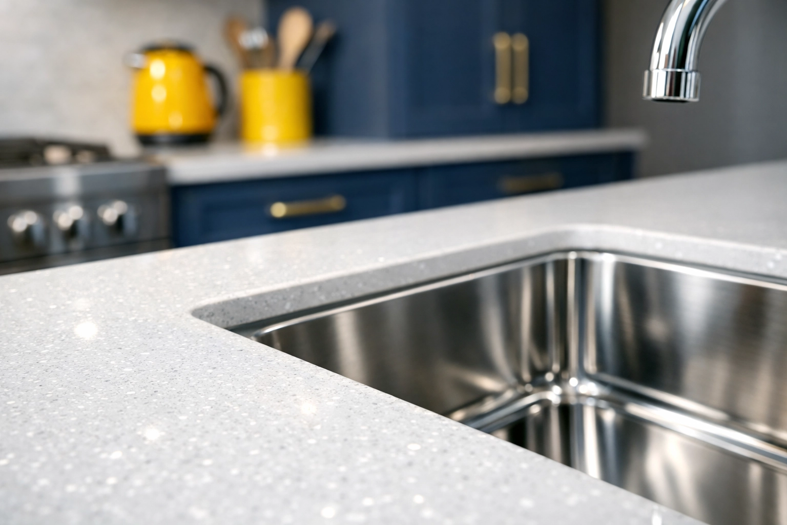 Spotless modern kitchen in Leominster featuring a sparkling quartz countertop and deep clean sink.