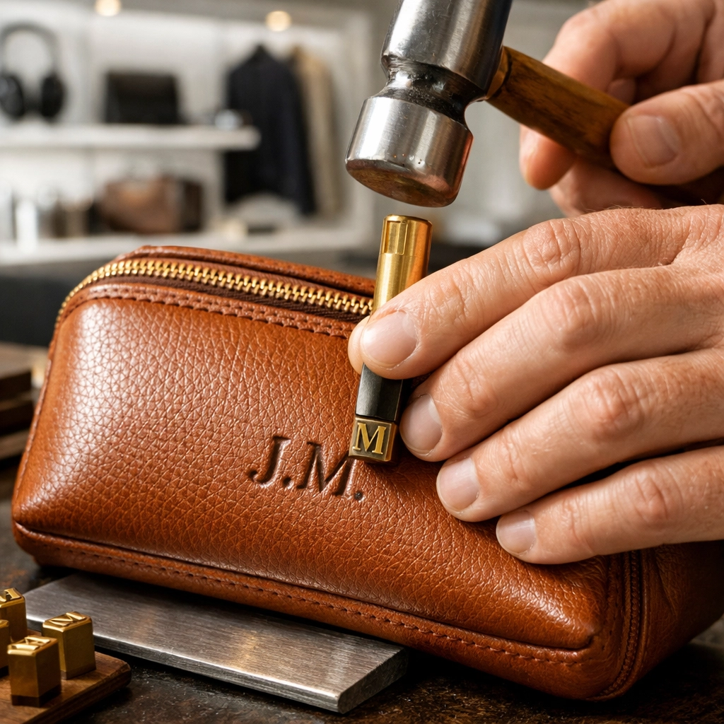 Luxury travel kit embossing at Super Bowl VIP pop-up, showcasing custom executive branding gifts