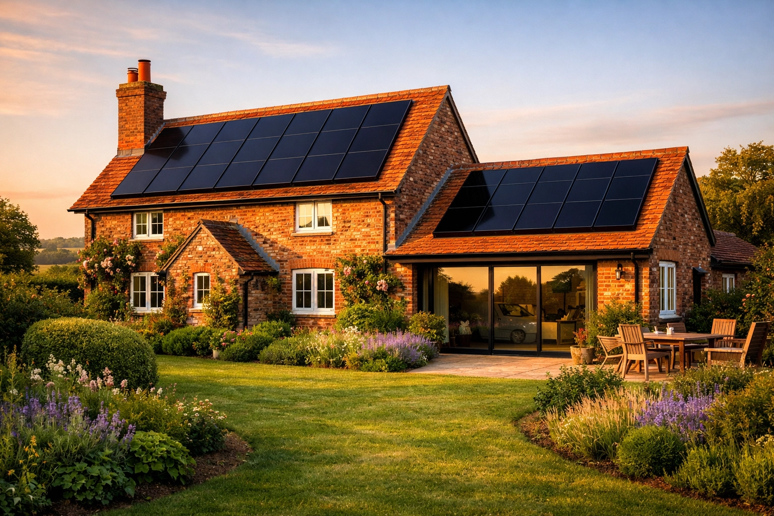 Traditional red-brick Dorset home with integrated solar panels installed on a tiled roof.