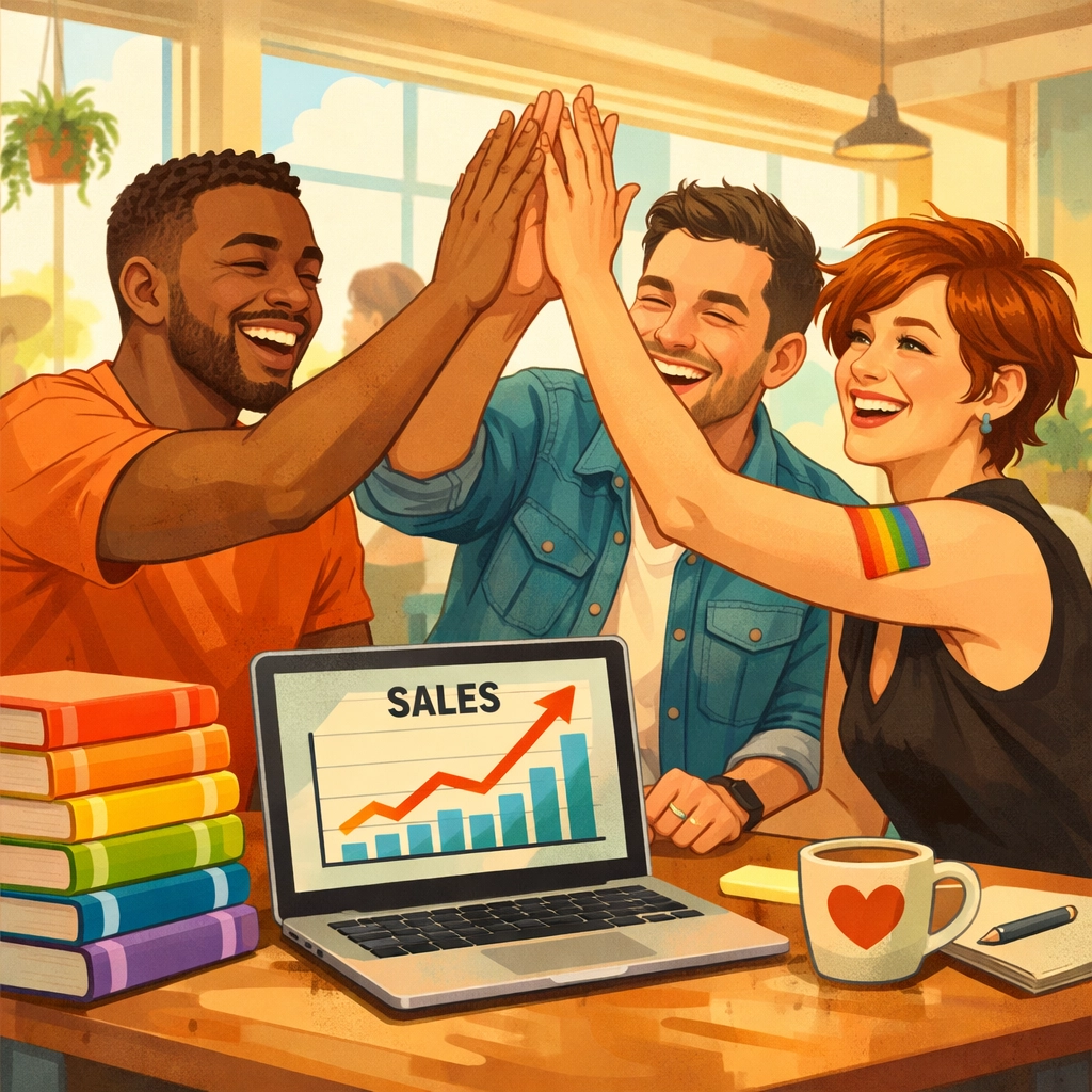 LGBTQ+ authors celebrating successful book sales and migration to queer publishing platform