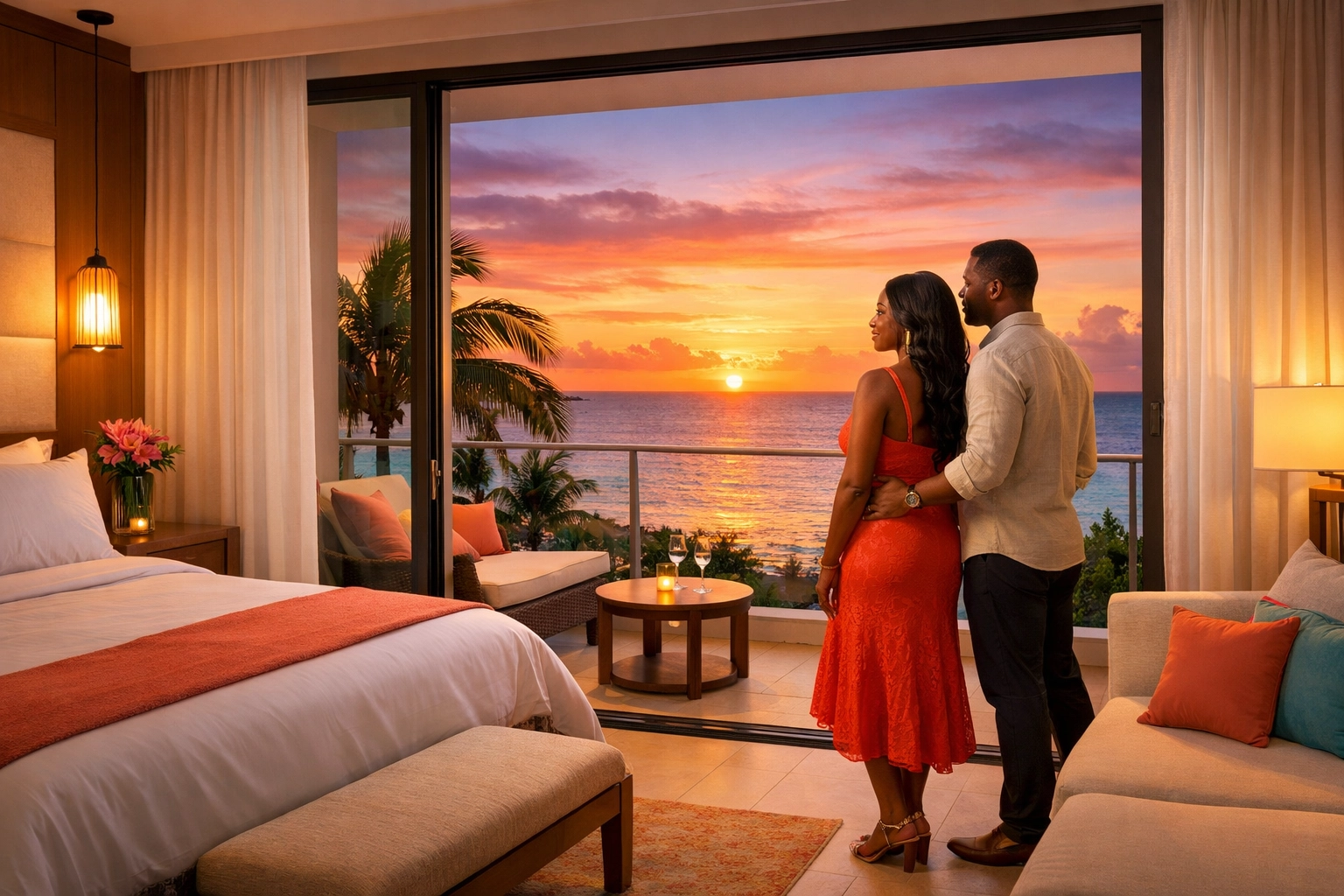 Romantic couple enjoying sunset from private balcony at Desire or Temptation resort suite