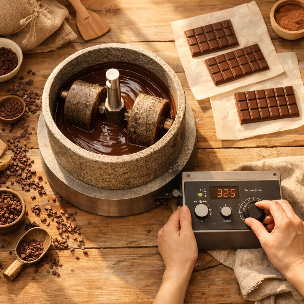 Artisan chocolate maker using stone melanger in small-batch workshop