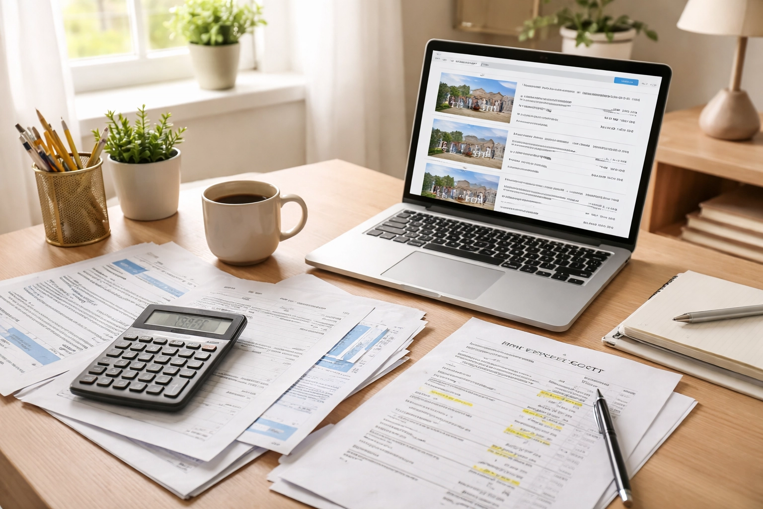 Modern home office desk with laptop, bills, and paperwork showing costs of selling property privately in Scotland