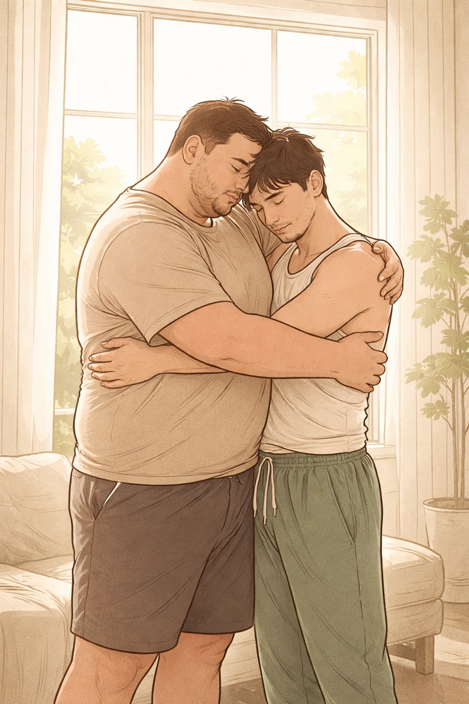 Minimalist illustration of two men of different body types embracing in a sunny room, celebrating body positivity and genuine connection in MM romance