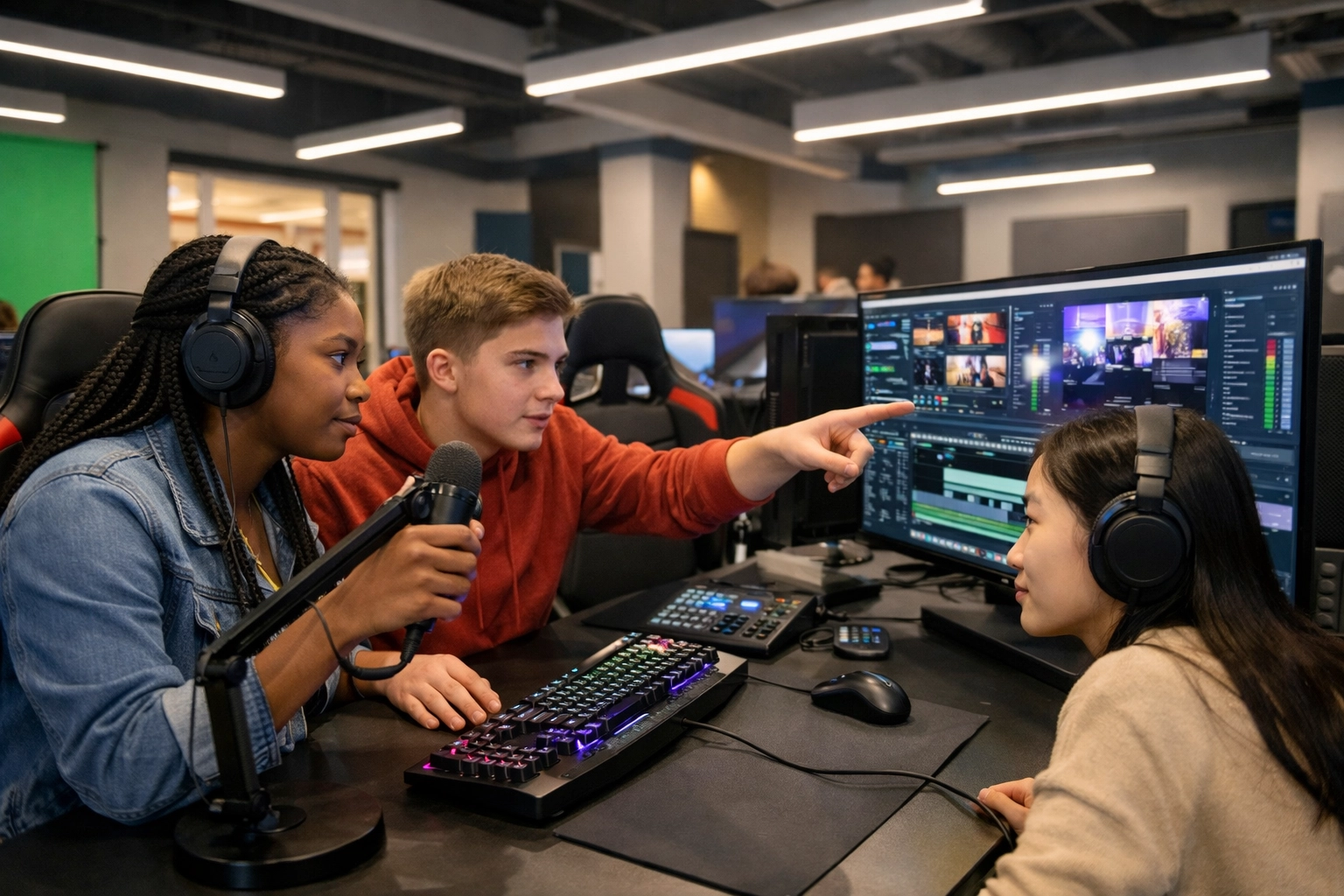 High school students collaborating in a media lab on an esports workstation for sports marketing career training.