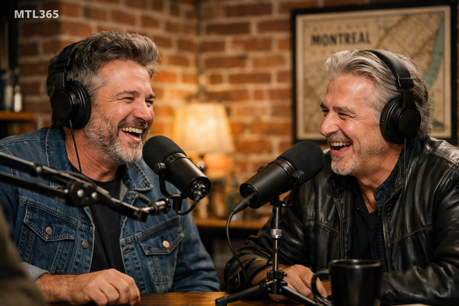 Terry and Ted laughing while recording their local Montreal podcast in a cozy red brick studio.