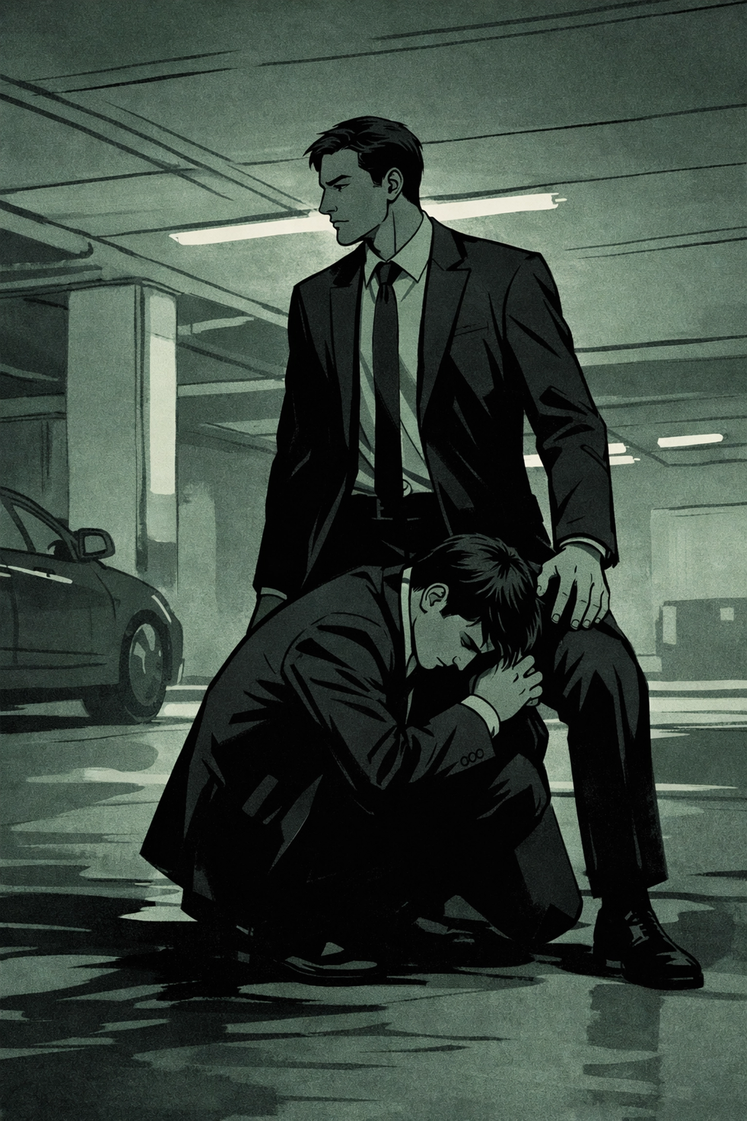 Two men in business suits in parking garage, MM political romance betrayal scene