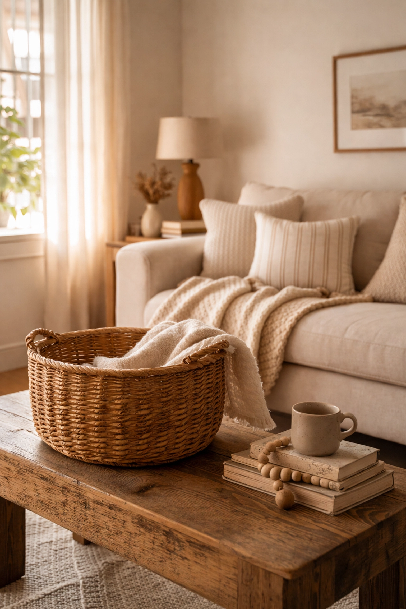 Cozy living room corner with a neutral linen sofa and handwoven basket, highlighting handcrafted home decor textures