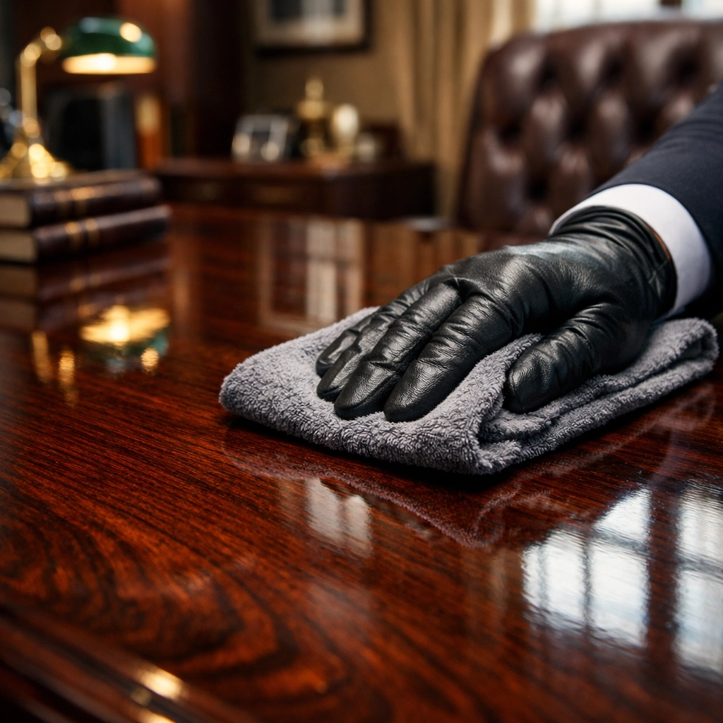 Expert cleaning of a mahogany executive desk in an upscale office suite to protect real estate investments.