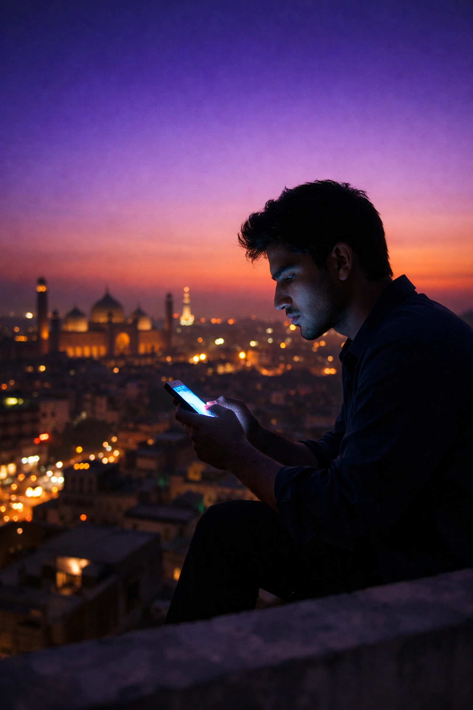 A Pakistani man on a Lahore rooftop at twilight using a smartphone to connect with the LGBTQ+ community.
