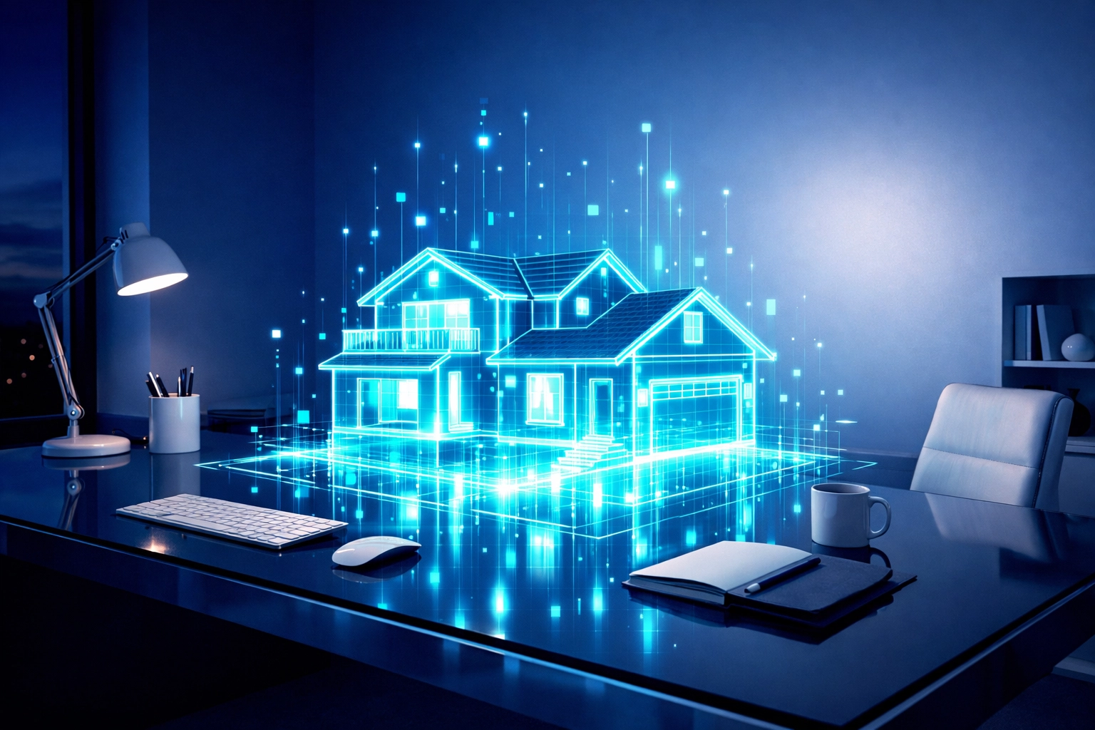 Digital architectural house model on a desk showcasing AI systems for real estate agents.