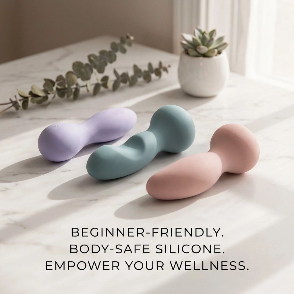 Beginner-friendly body-safe silicone sex toys for gay men arranged on marble surface