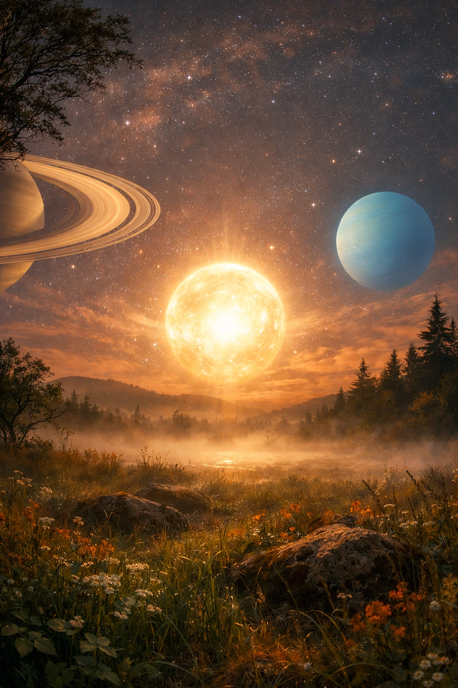 Ethereal planet in space viewed from a meadow, symbolizing the bridge between astrology and psychotherapy.