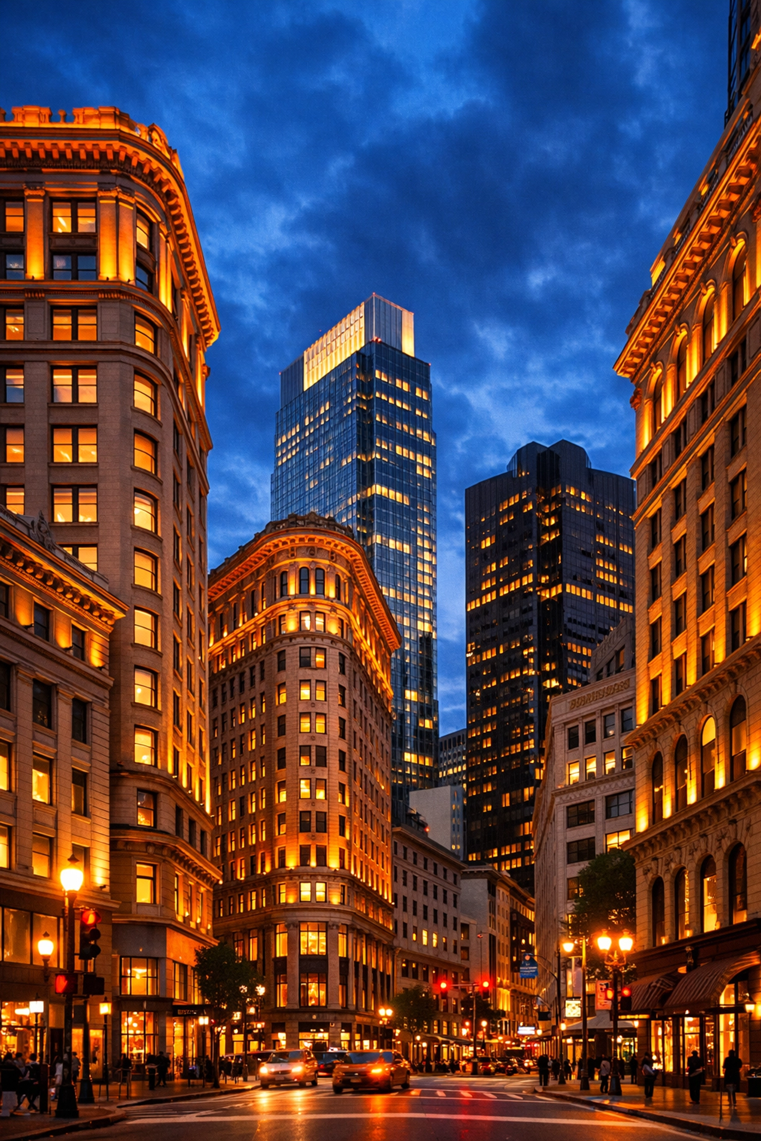 San Francisco Union Square office buildings showing historic and modern architecture at dusk
