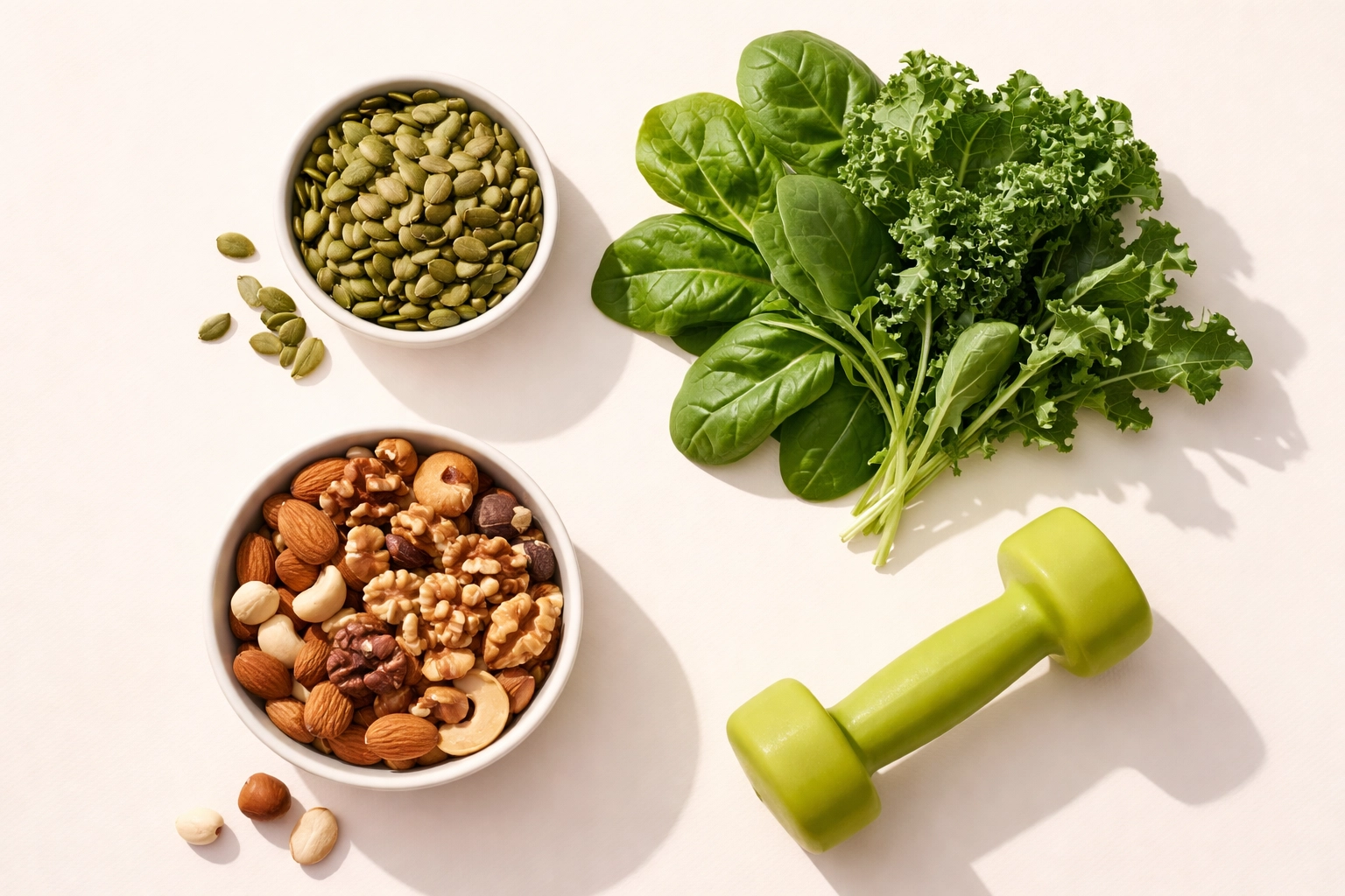 Natural wellness foods and dumbbell, supporting healthy DHT and muscle growth through nutrition