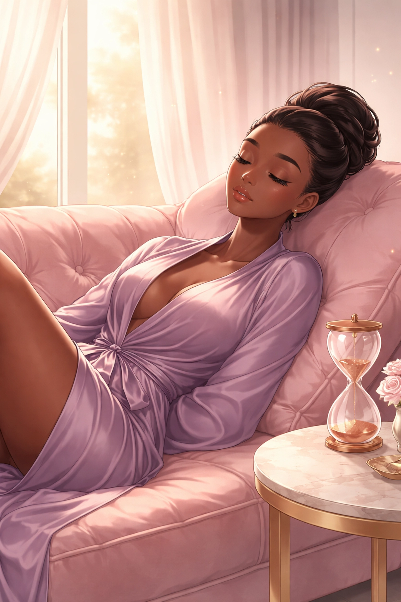 Elegant Black woman relaxing on a blush pink chaise, symbolizing patience and healing during brow tattoo removal treatments