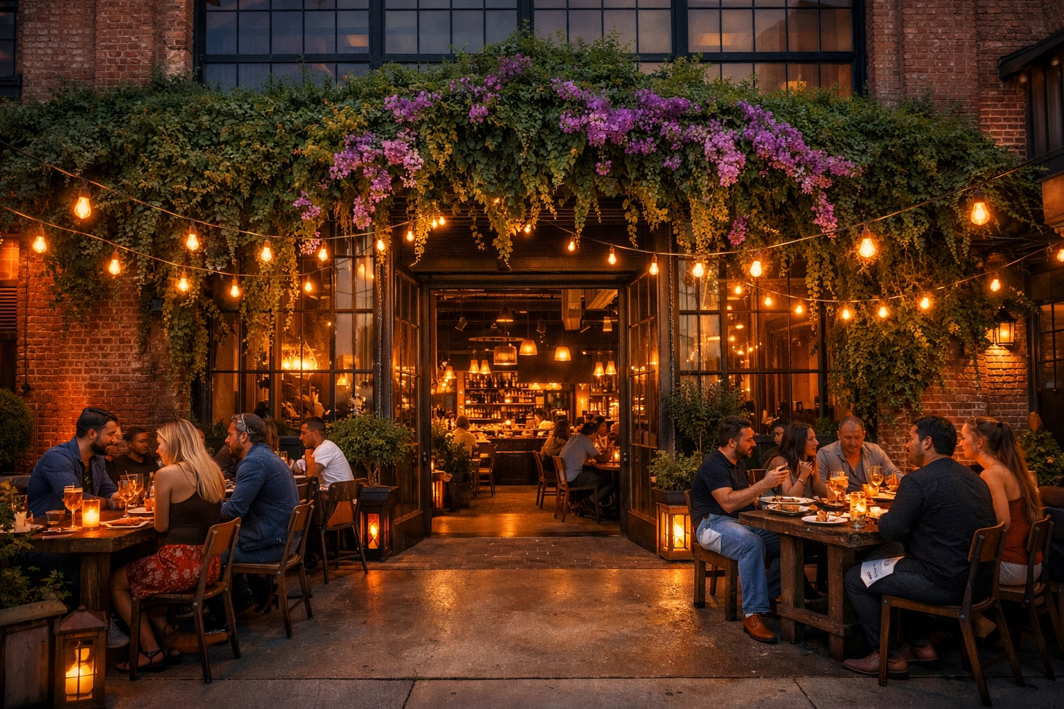 Exterior of a Bacari Group restaurant featuring historic architecture and outdoor patio dining.