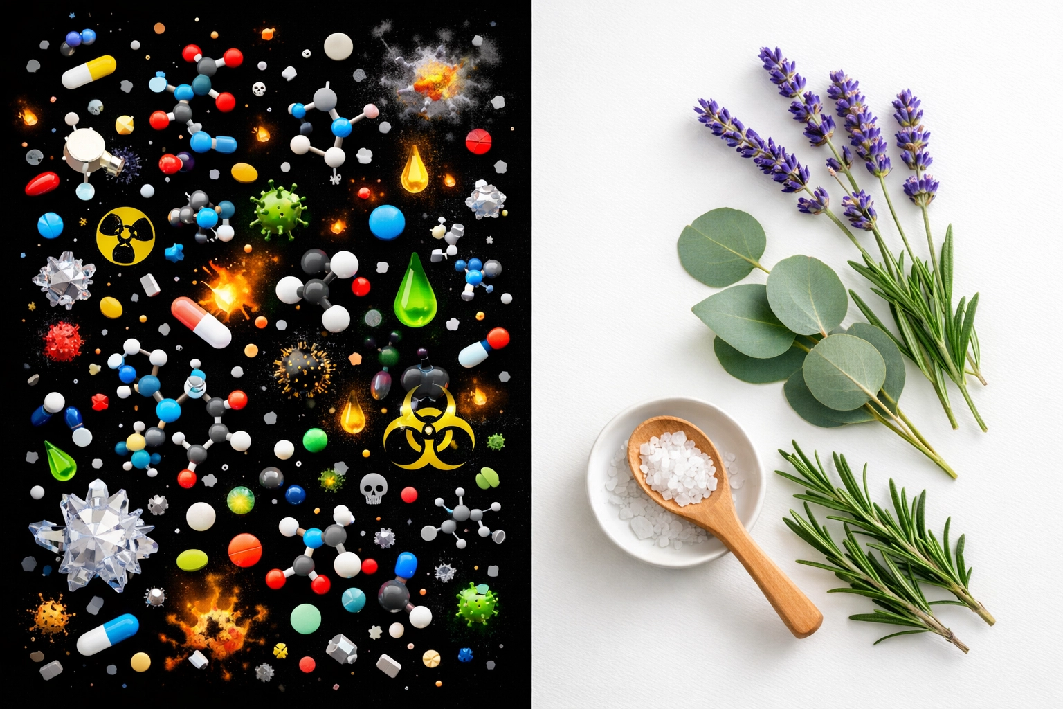 Side-by-side comparison of synthetic fragrance chemicals versus natural botanical ingredients like lavender and eucalyptus